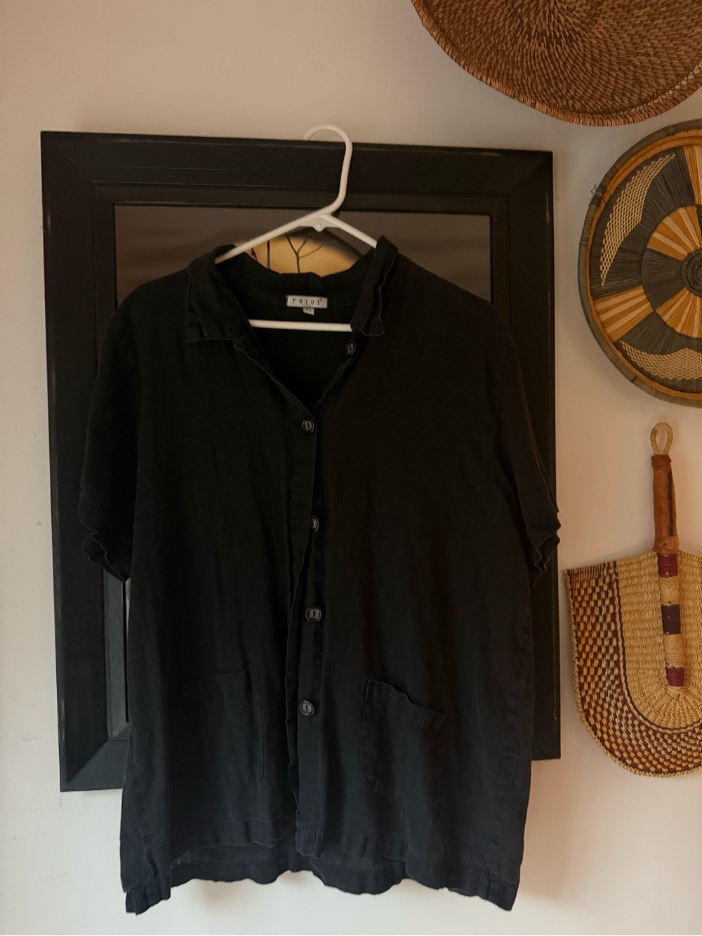 Women or men’s linen Black Short-Sleeve Button-Down with cool fish patch